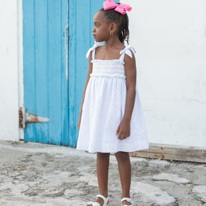 Henry Duvall Daisy Dress in Dunmore Dot print with hand-smocked bodice and shoulder bow ties, classic heirloom summer dress for girls