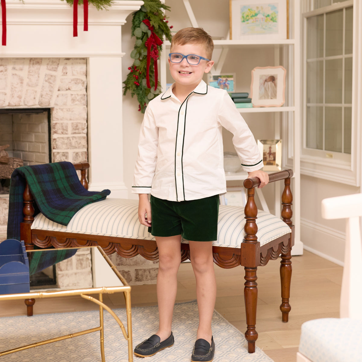 Front view of Sullivan Shorts Set in Grafton Green Velvet showing white shirt with green piping and green velvet shorts