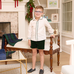 Front view of Sullivan Shorts Set in Grafton Green Velvet showing white shirt with green piping and green velvet shorts
