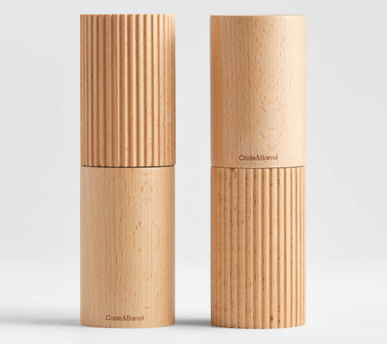 Crate & Barrel Hanno Fluted Salt & Pepper Mill Grinder Set | Beechwood