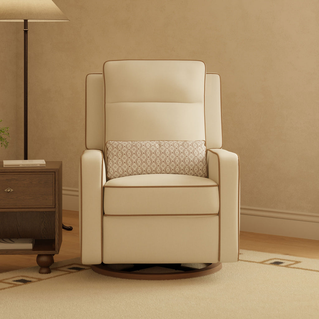 Front view of Sigi Pro Power Recliner and Swivel Glider showcasing cream linen upholstery and patterned lumbar pillow with a toffee base