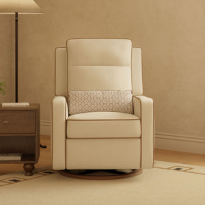 Front view of Sigi Pro Power Recliner and Swivel Glider showcasing cream linen upholstery and patterned lumbar pillow with a toffee base