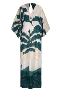 Andina Hand Embroidered Linen Tunic in Aquamarine Palms