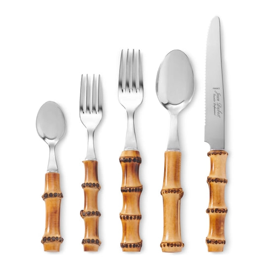 Front view of Bamboo Flatware, Set of 5 showcasing bamboo handles and 18/0 stainless steel utensils on a white background