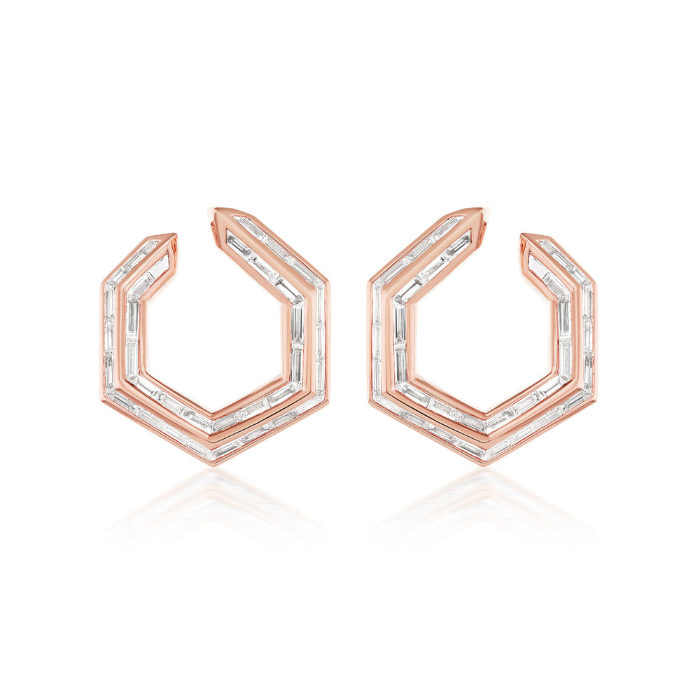 Chrysler Front-To-Back Hoops with Baguette Diamonds in rose 18K gold, showcasing hexagonal angles and baguette-cut diamonds set along the front edges, displayed on a white background.