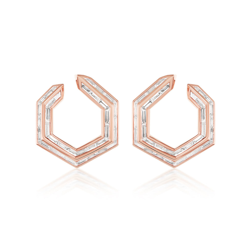Chrysler Front-To-Back Hoops with Baguette Diamonds in rose 18K gold, showcasing hexagonal angles and baguette-cut diamonds set along the front edges, displayed on a white background.