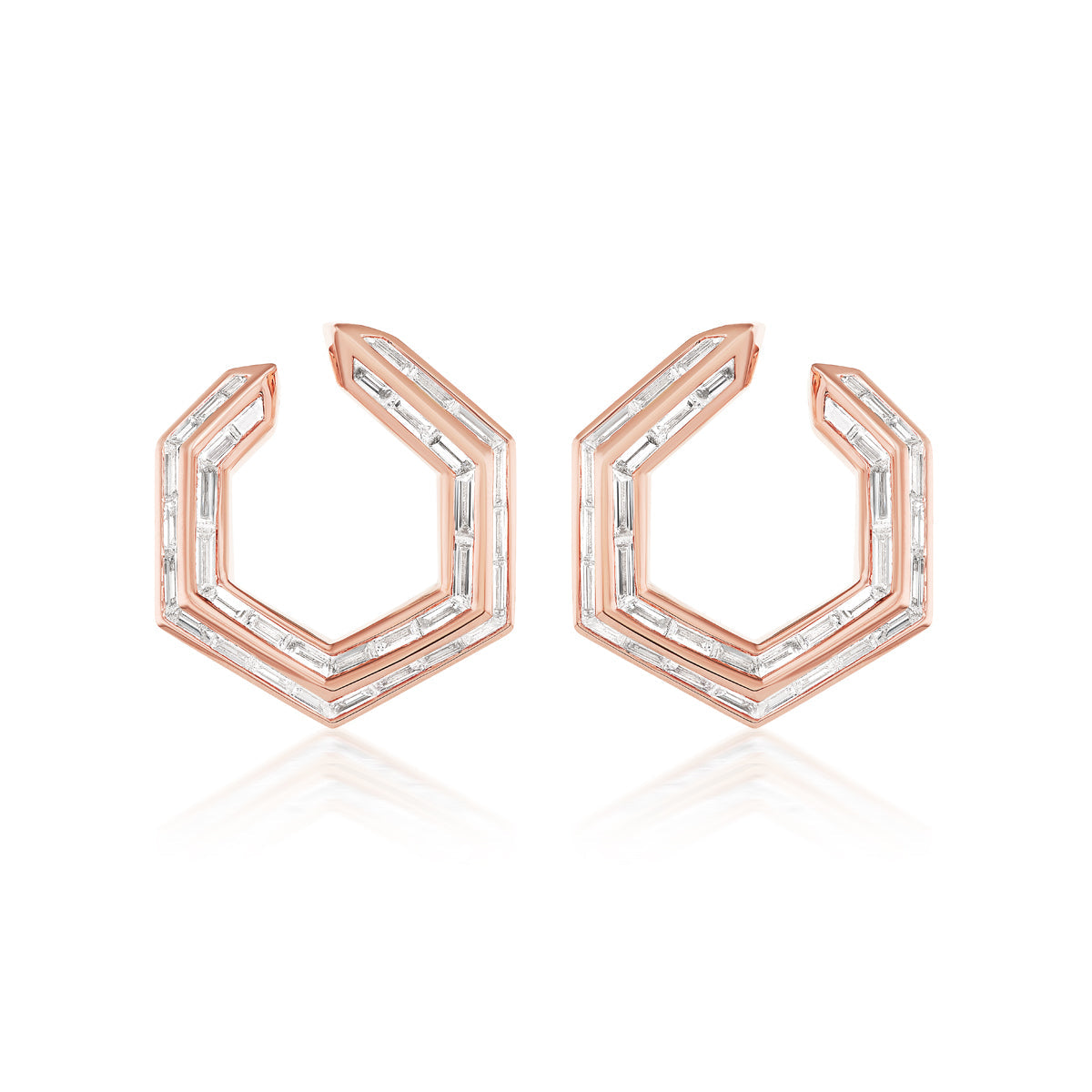 Chrysler Front-To-Back Hoops with Baguette Diamonds in rose 18K gold, showcasing hexagonal angles and baguette-cut diamonds set along the front edges, displayed on a white background.