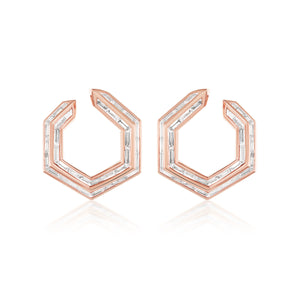 Chrysler Front-To-Back Hoops with Baguette Diamonds in rose 18K gold, showcasing hexagonal angles and baguette-cut diamonds set along the front edges, displayed on a white background.