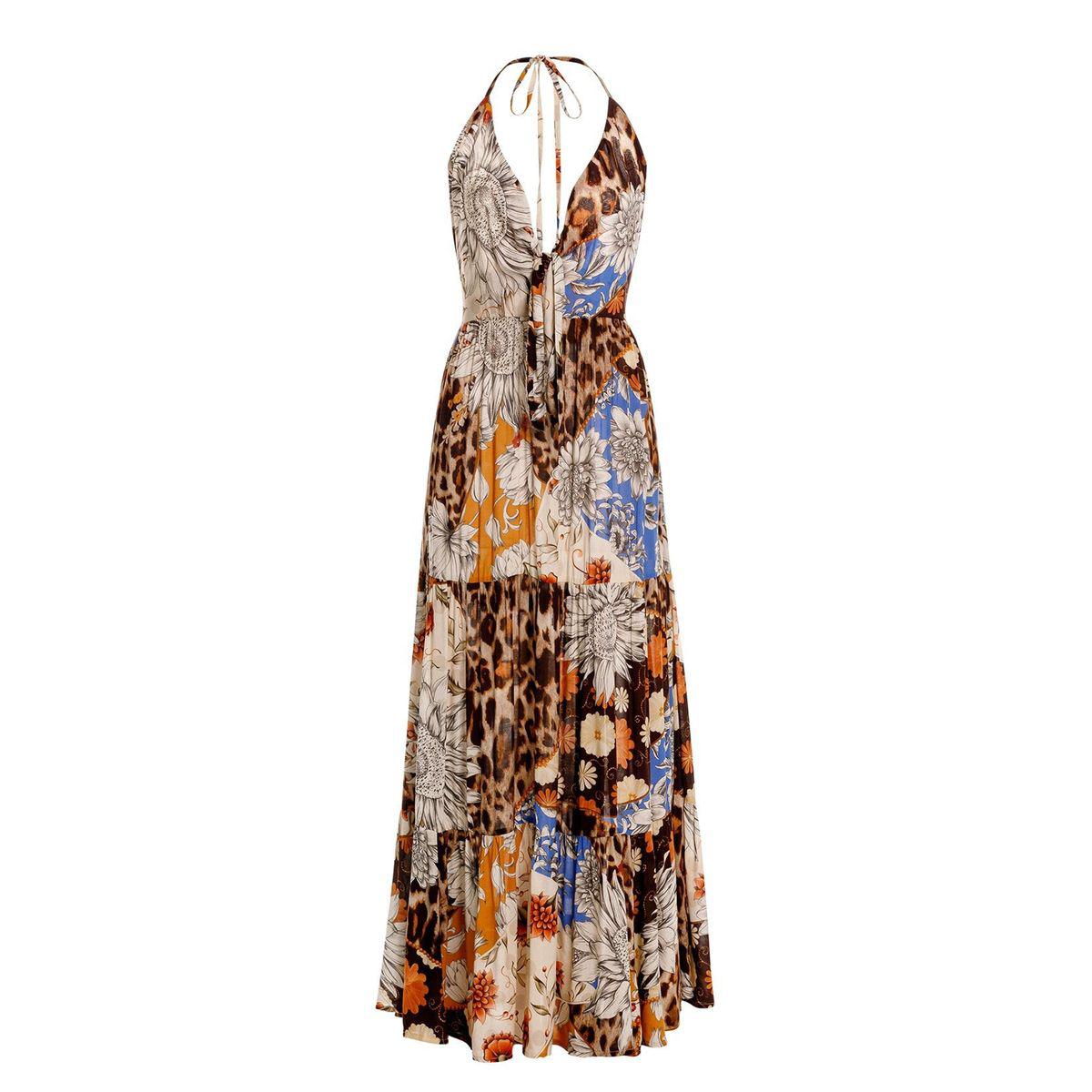 Front view of Gabriella Dress in Quilt showcasing a fluid halter silhouette and quilt-inspired placement print with white background