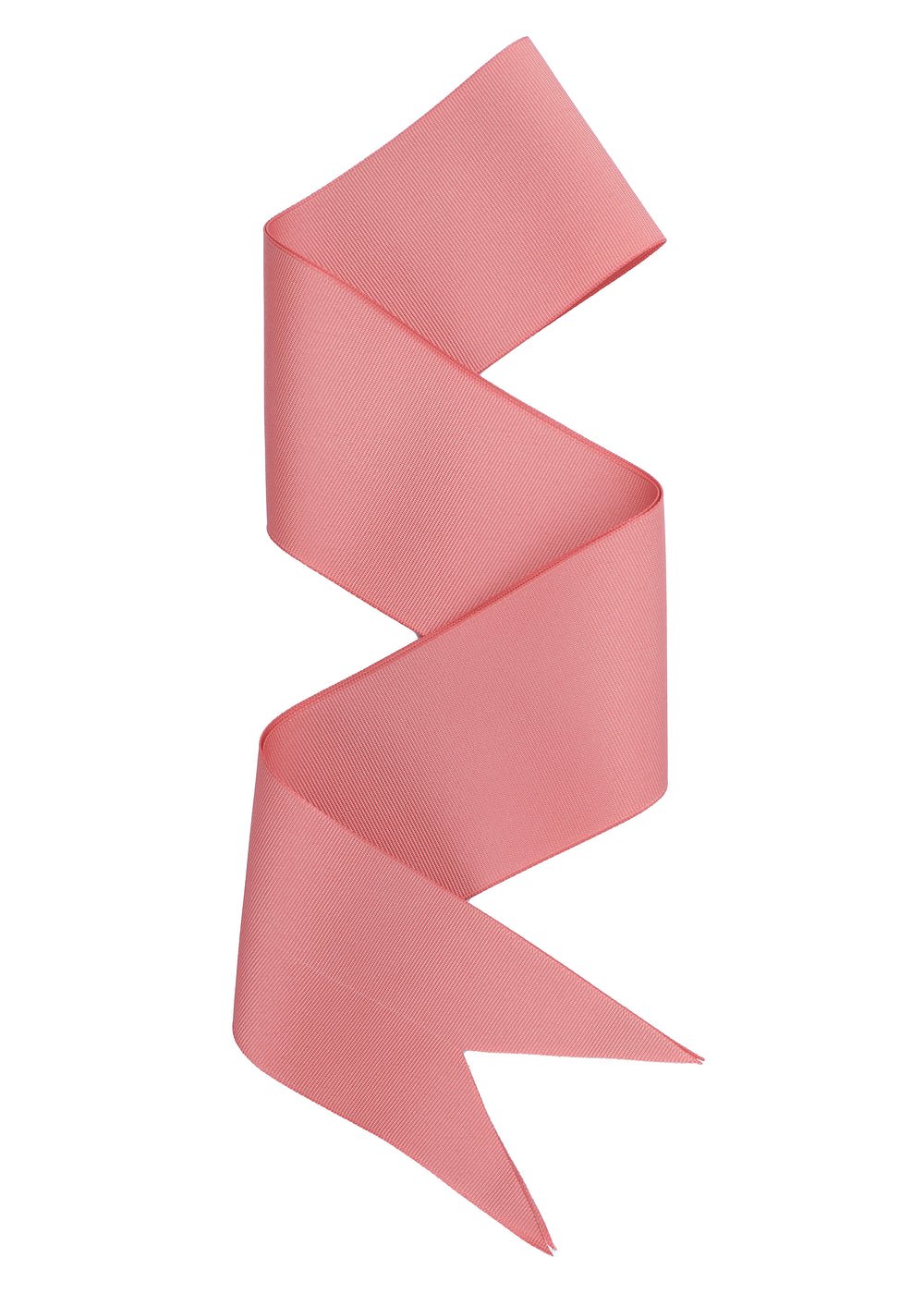 Front view of wide light pink grosgrain ribbon showcasing ribbed texture and fishtail cut ends on white background