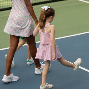 Henry Duvall girls pink gingham athleisure set with scalloped skort and matching sleeveless top, classic preppy active outfit for summer and tennis.
