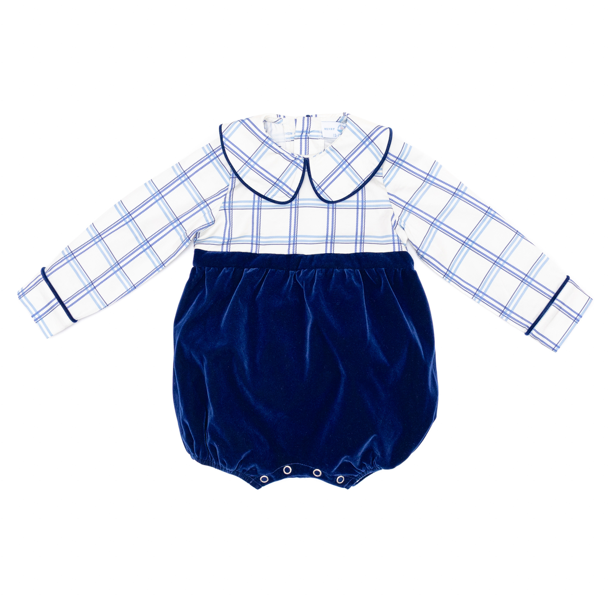 Henry Duvall Beau Bubble with Prescott Plaid top and Back Bay Blue Velvet bottom, long sleeve baby boy holiday romper with HD buttons and diaper snaps