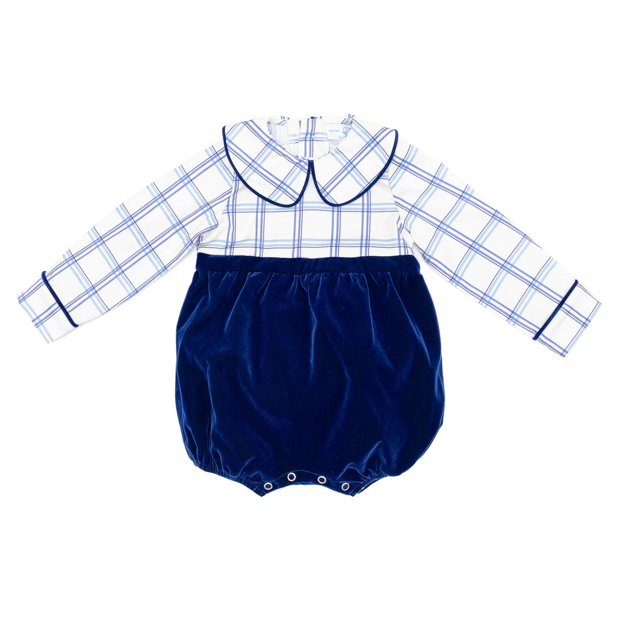 Henry Duvall Beau Bubble with Prescott Plaid top and Back Bay Blue Velvet bottom, long sleeve baby boy holiday romper with HD buttons and diaper snaps