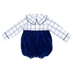 Henry Duvall Beau Bubble with Prescott Plaid top and Back Bay Blue Velvet bottom, long sleeve baby boy holiday romper with HD buttons and diaper snaps