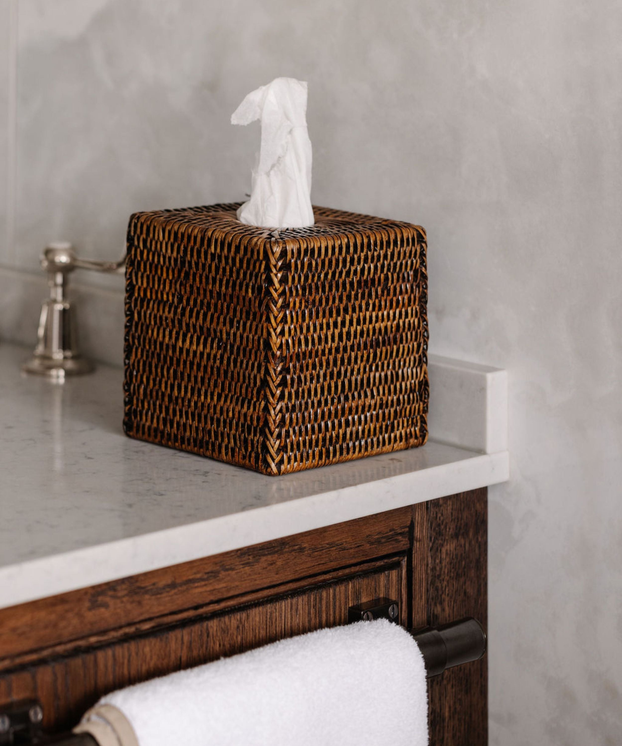 Rebecca Udall, handwoven rattan wicker square tissue box cover, brown