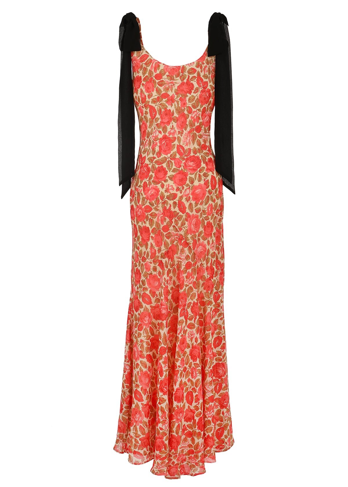 Back view of The Sydney Dress in Happily Ever After with red rose floral print, flared maxi skirt and black shoulder bows