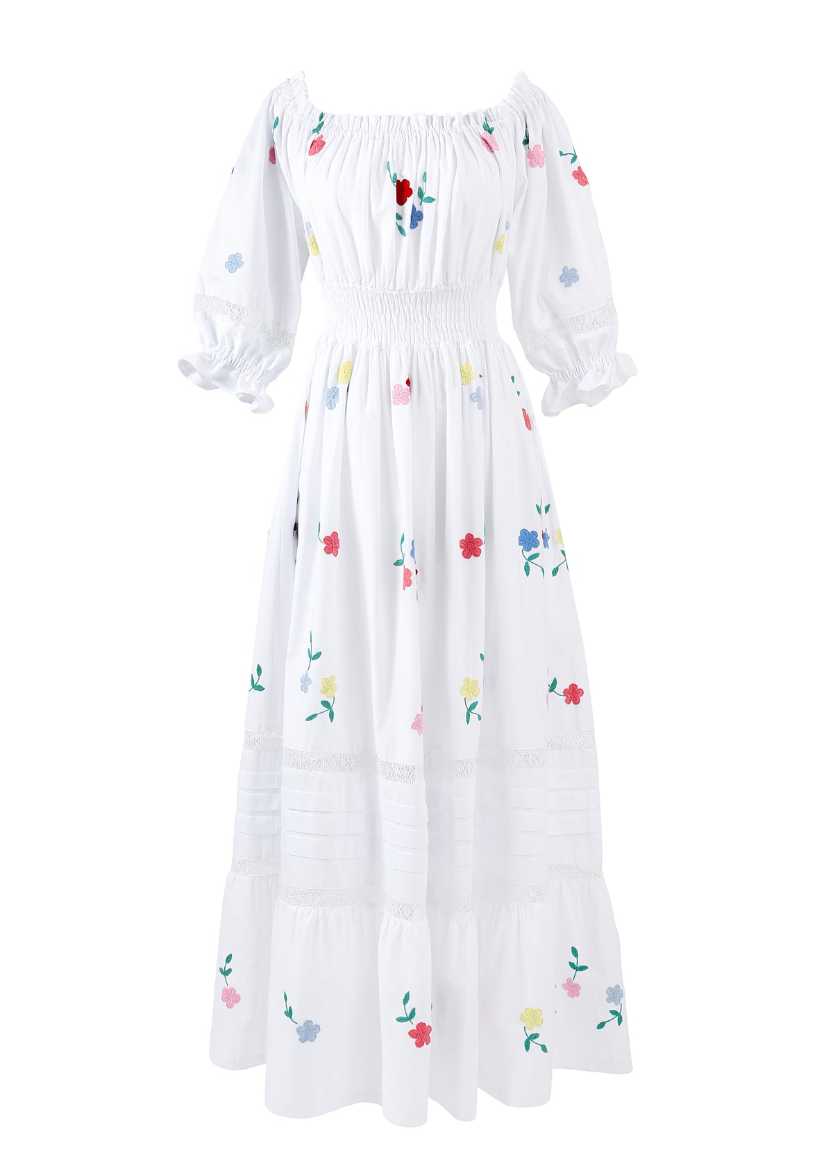 Front view of white Rosalia Long Dress showcasing hand pulled lace and floral embroidery on a white background