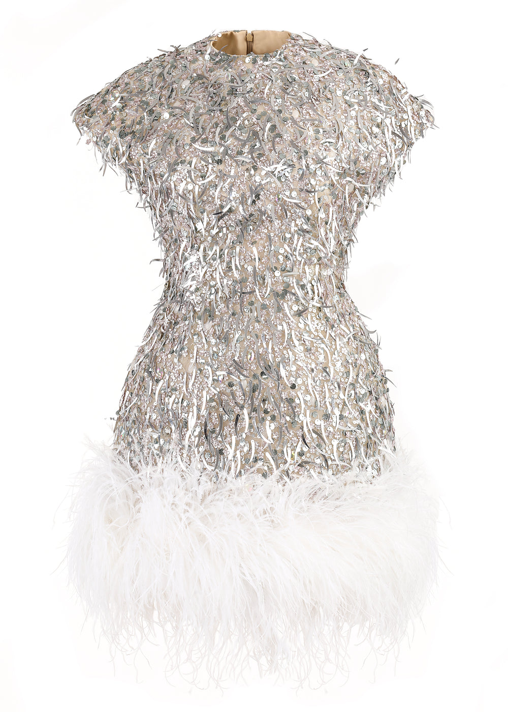 Front view of Eleanor mini dress showcasing sculpted waist, metallic fringe embroidery, cap sleeves, and white feather hem on a white background