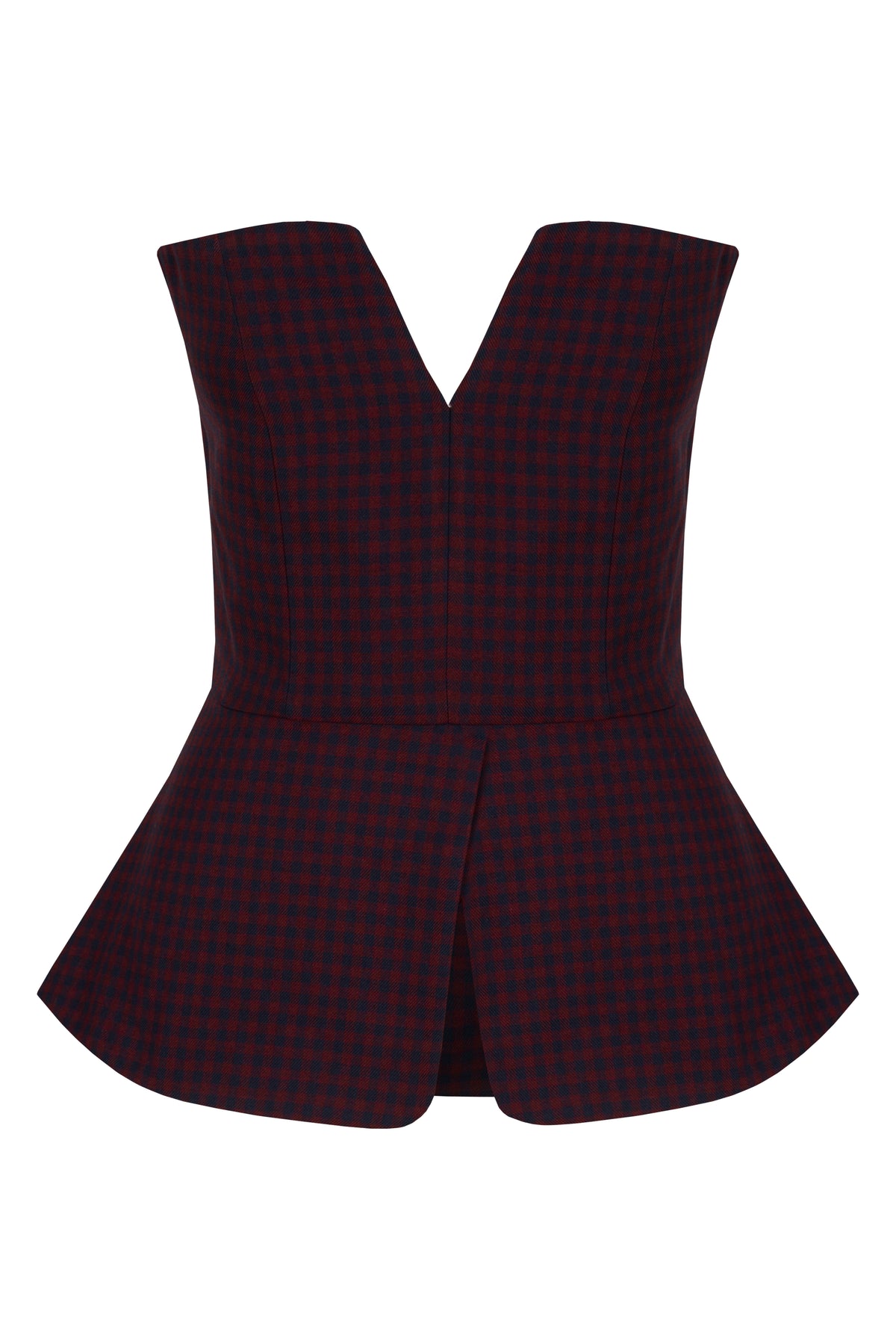 Front view of Luna bandeau bustier top in burgundy and blue tartan showcasing V-neckline and peplum hem on white background
