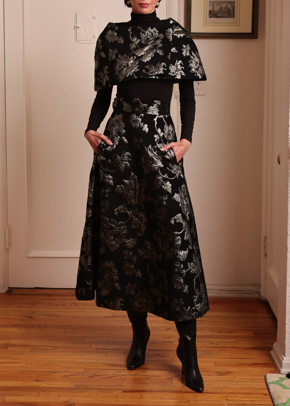 French A-Line Skirt in Black Velvet & Sage
