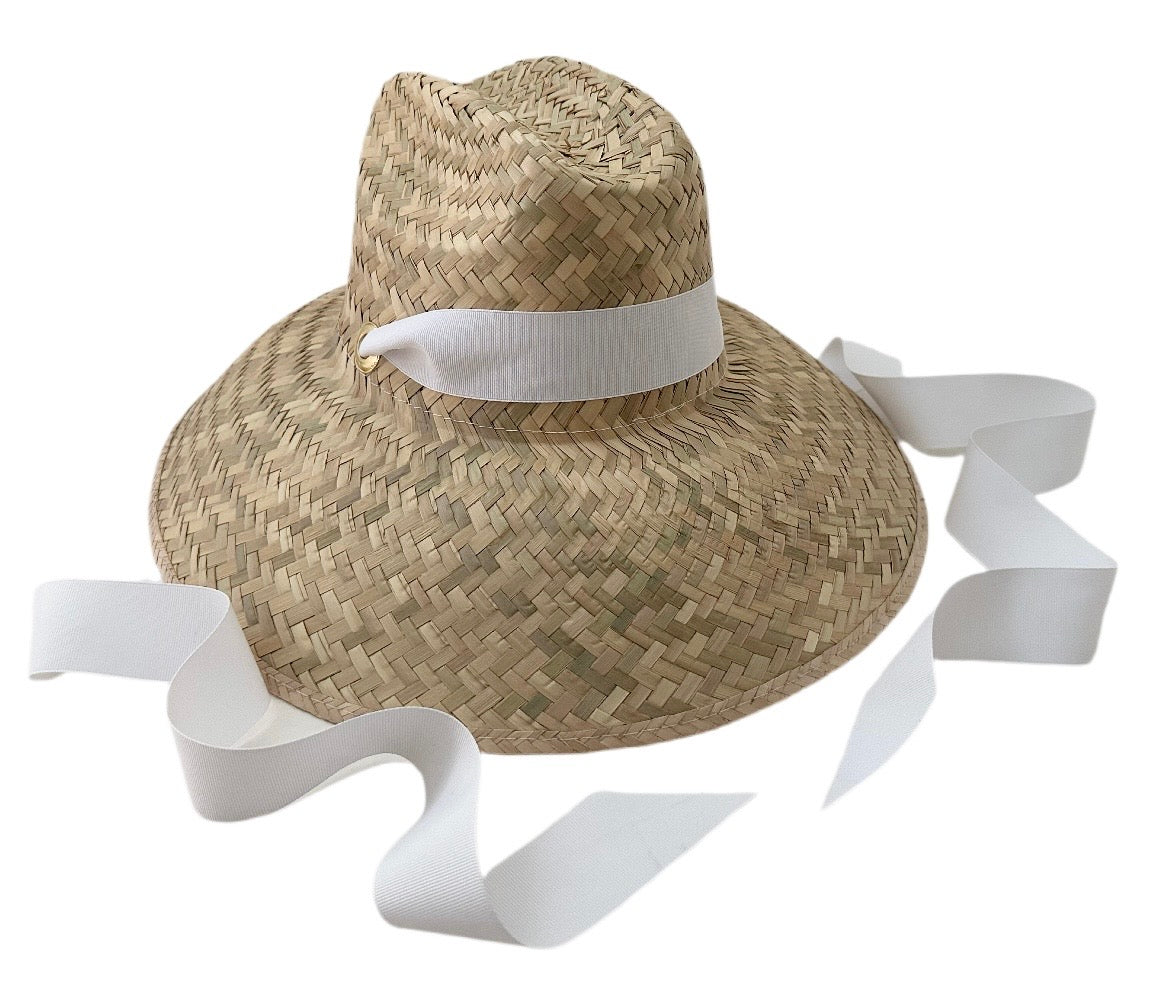 Begonia Sun Hat in Long White Grosgrain Ribbon