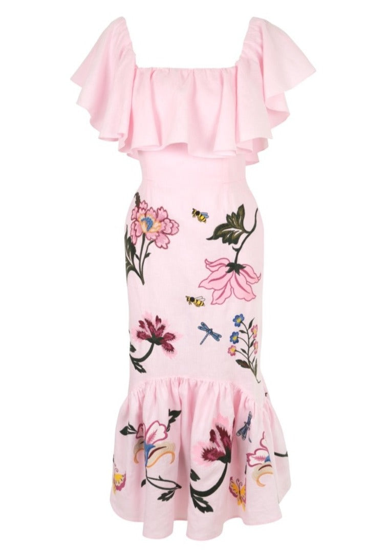 Front view of the Clarissa midi dress showcasing pink floral and insect embroidery, ruffle sleeves, and a flounced hem on a white background