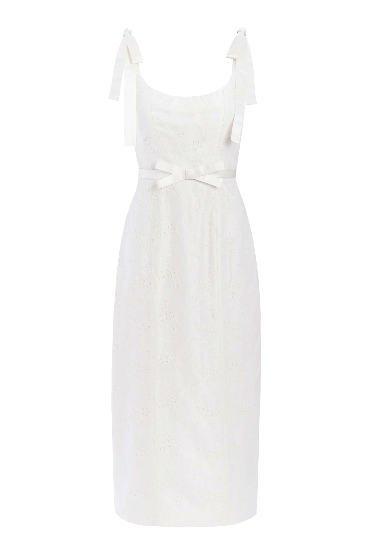 Front view of Viola Ivory Floral Embroidered Corset Dress with strap corset and detachable bow belt on white background