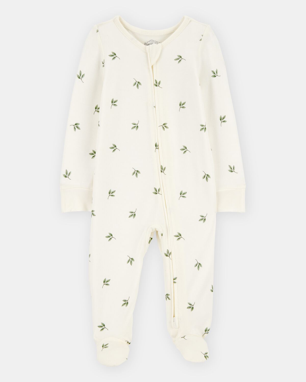 Baby Leaf Print 2-Way Zip PurelySoft Sleep & Play Pajamas - Ivory (NB)