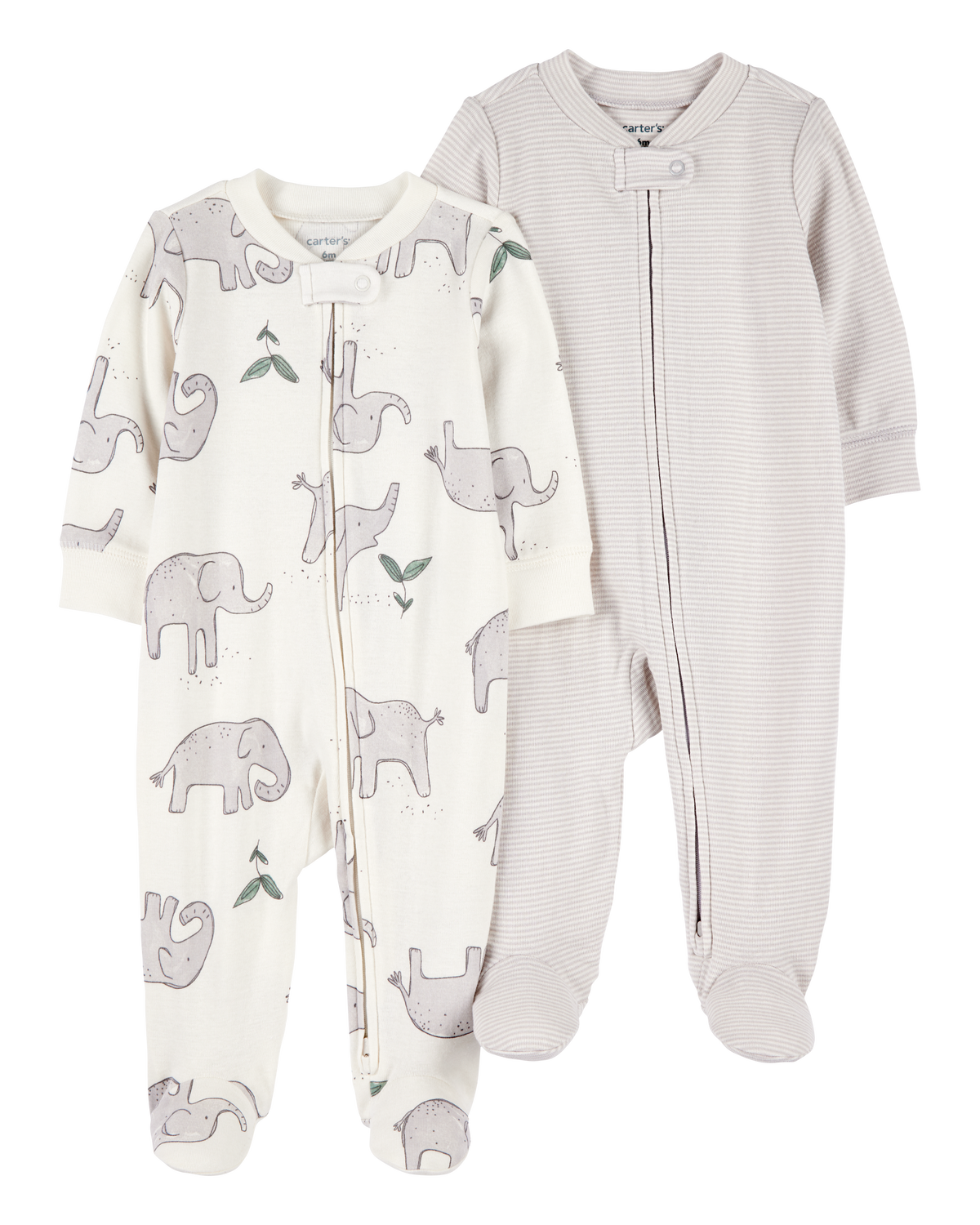 Baby 2-Pack Striped Elephant 2-Way Zip Cotton Sleep & Play Pajamas