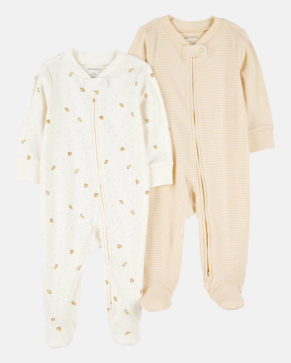 Baby 2-Pack 2-Way Zip Cotton Sleep & Play Pajamas - White/Beige (NB)
