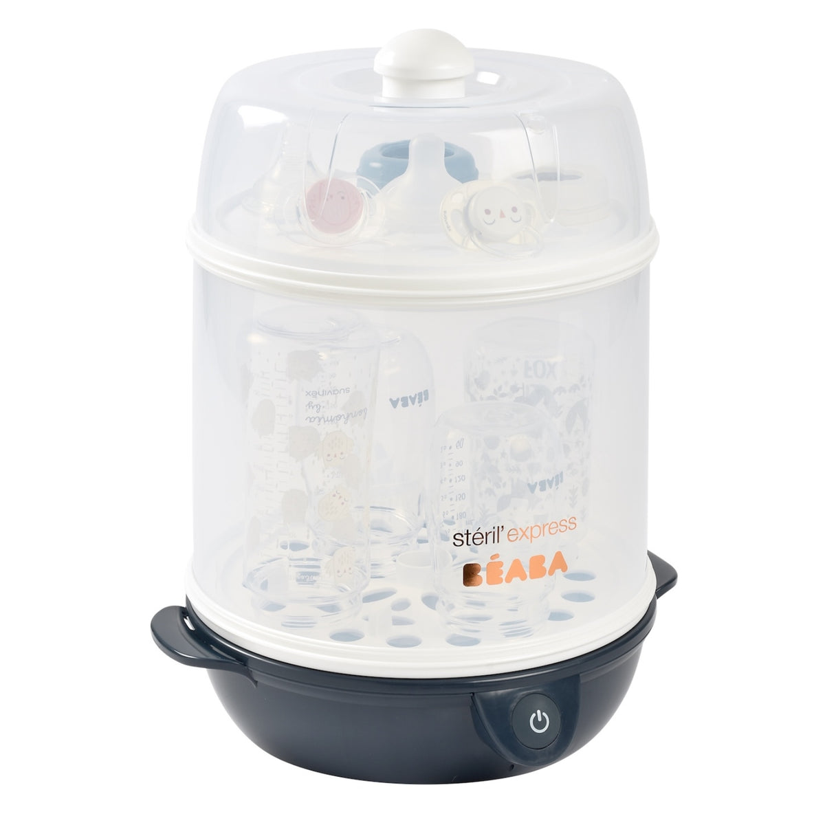 Front view of Steril Express 2-in-1 Bottle Sterilizer in Midnight showcasing clear chamber with bottles and dark base on white background