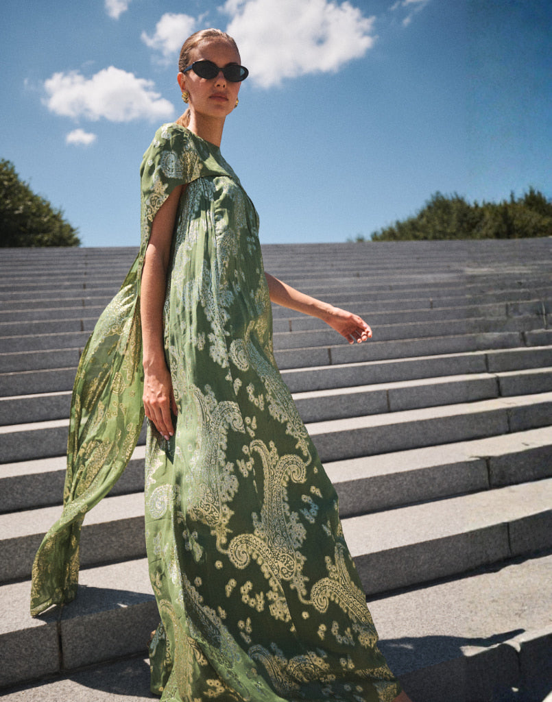Pietro Convertible Cape Gown in Evergreen Metallic