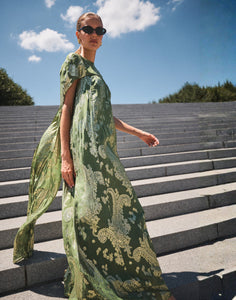Pietro Convertible Cape Gown in Evergreen Metallic
