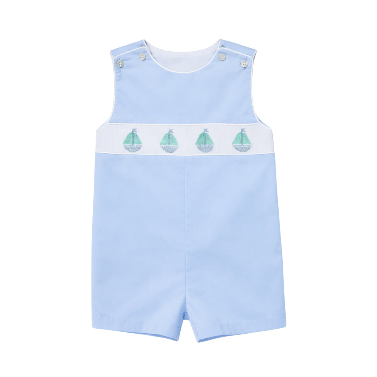 Henry Duvall Jennings Jon Jon in Bailey’s Bay Blue cotton with hand-smocked sailboats, classic heirloom baby boy summer outfit
