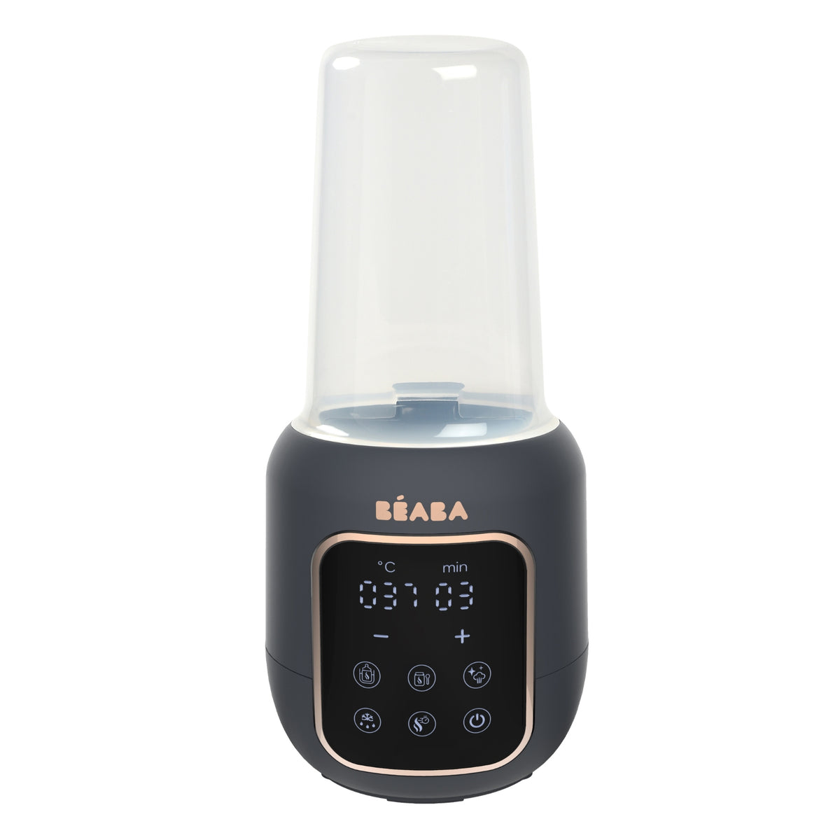 Front view of Milk Baby Bottle & Jar Warmer in Midnight showcasing digital touch screen display on white background