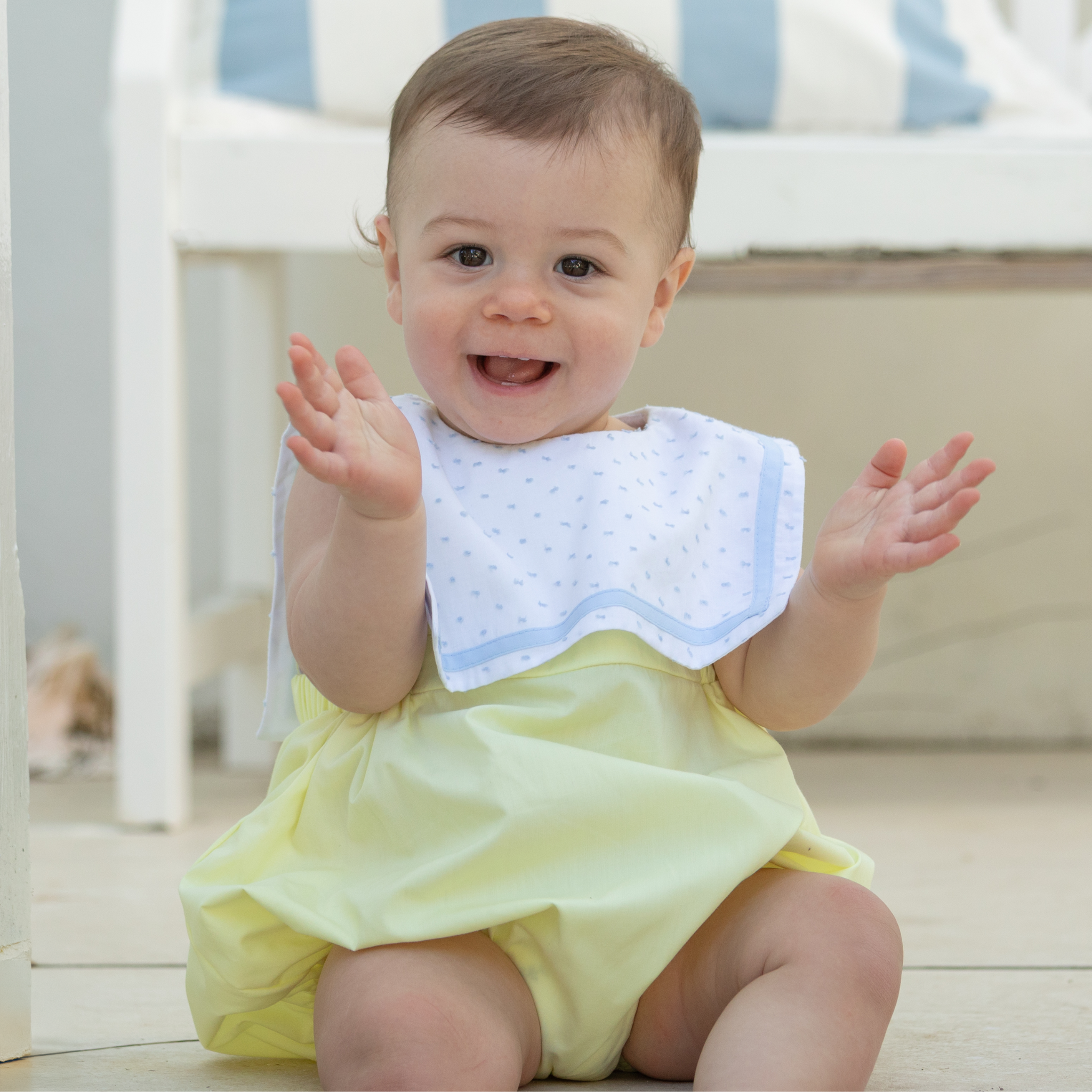 Henry Duvall Saylor Bubble in soft yellow fabric with blue Swiss dot sailor collar and trim, classic heirloom baby boy summer bubble outfit