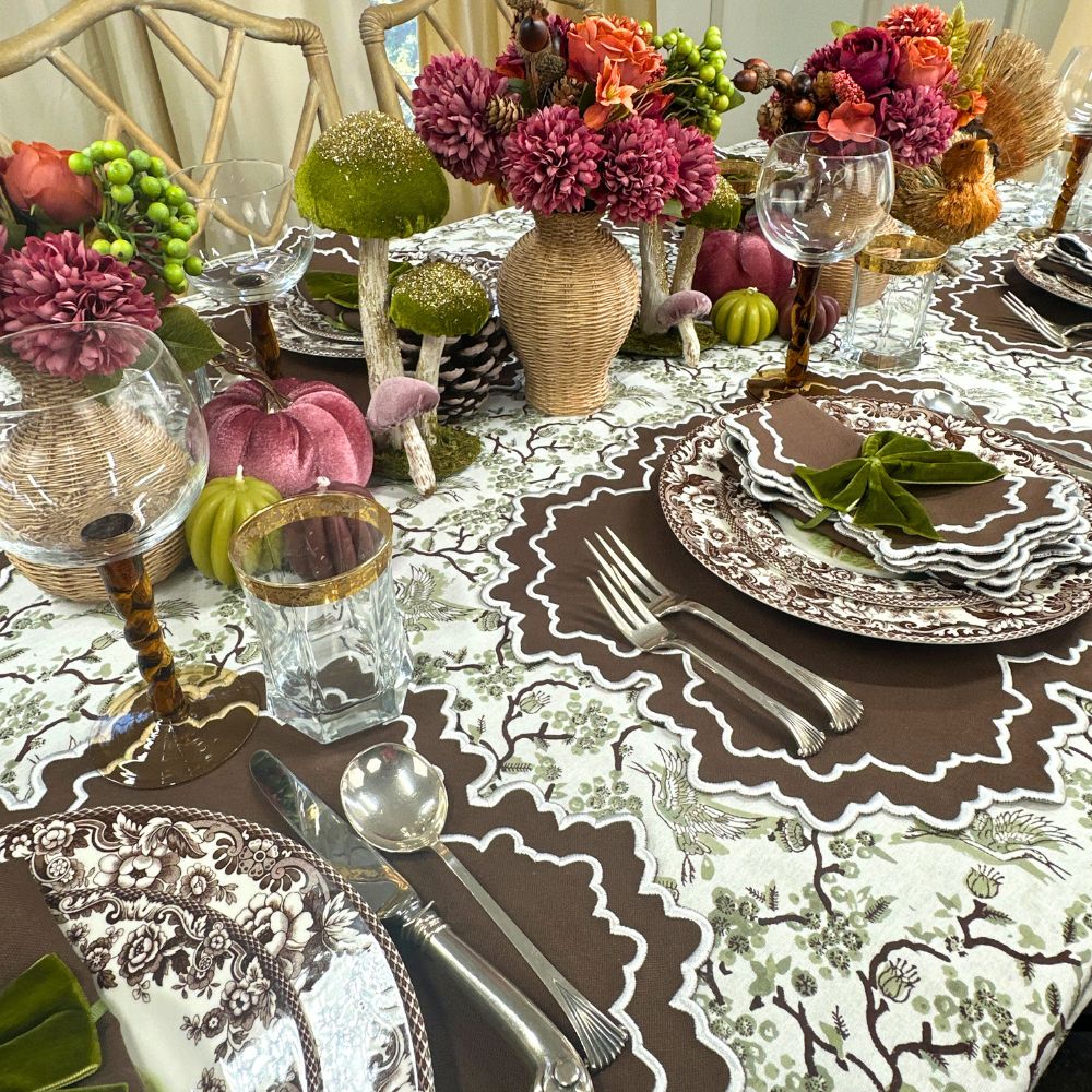 brown placemats, brown napkins, embroidered placemats, embroidered napkins, green and white tablecloth, luxury fall table linens

