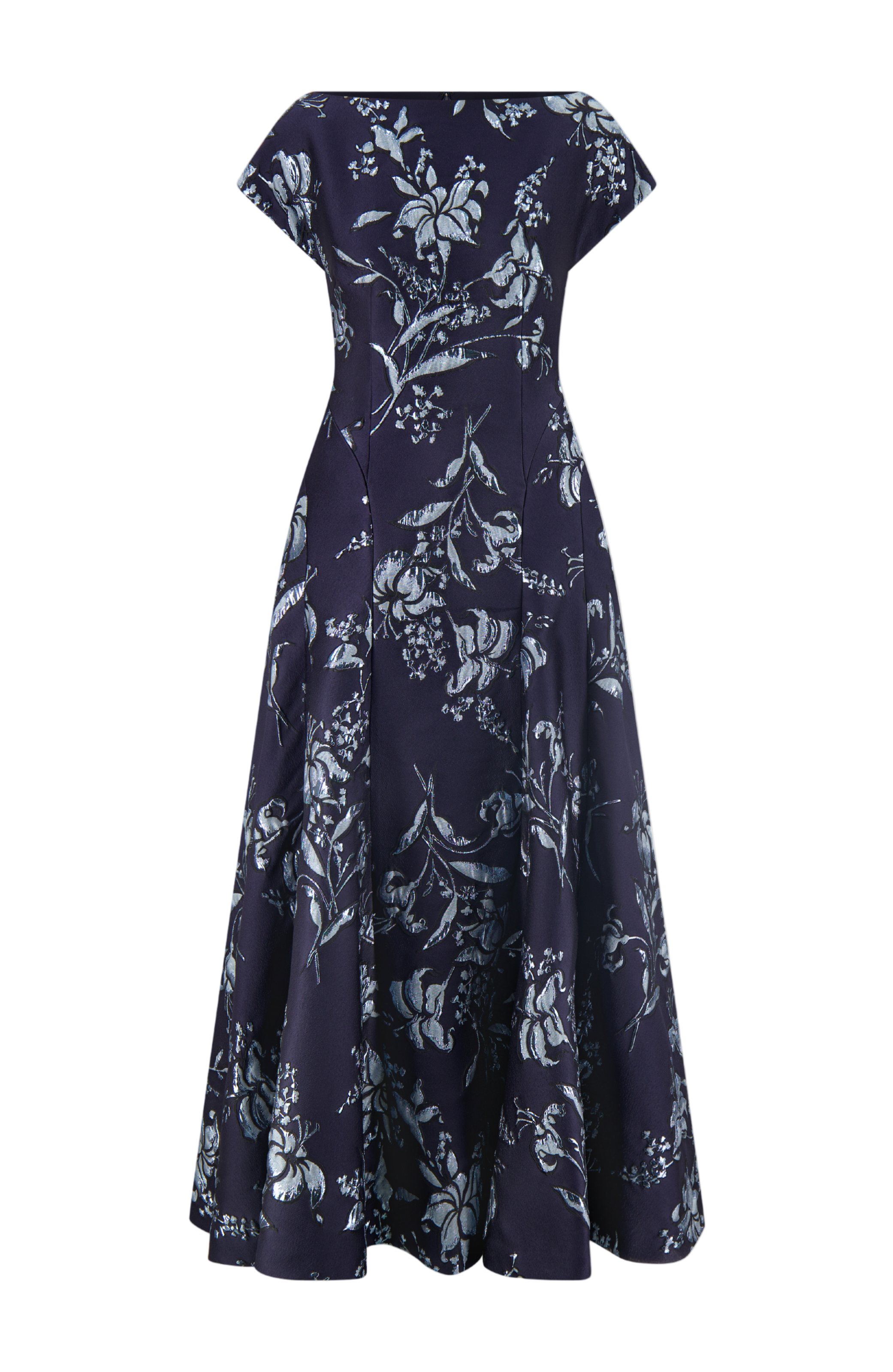 Metallic Floral Jacquard Seam Detail Dress in Navy