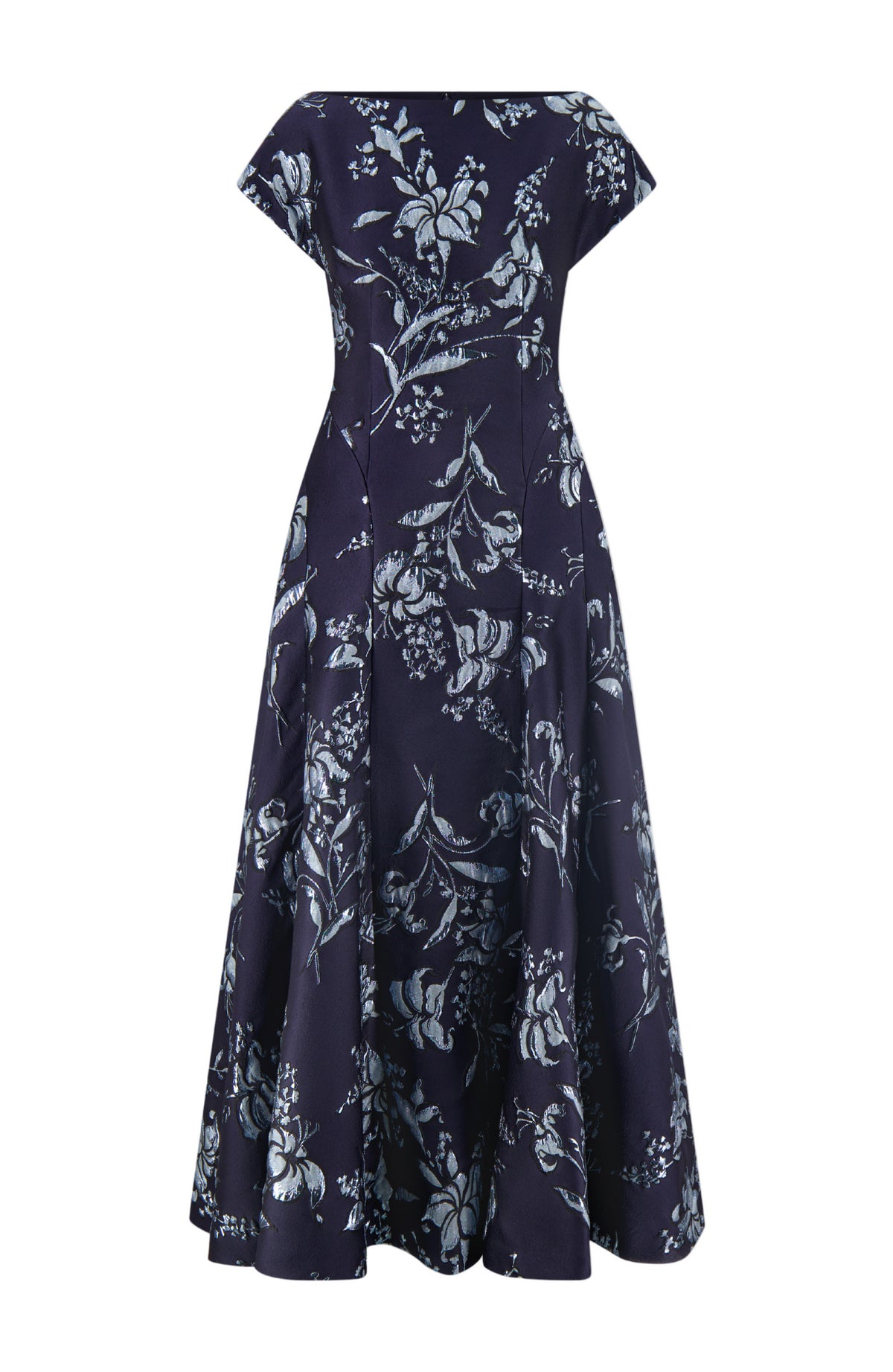 Metallic Floral Jacquard Seam Detail Dress in Navy