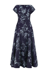 Metallic Floral Jacquard Seam Detail Dress in Navy