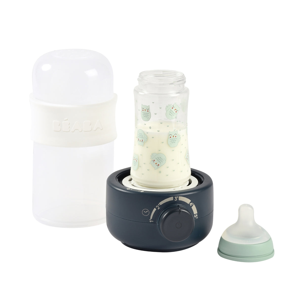 Front view of BabyMilk 3 in 1 Bottle Warmer in Midnight showcasing bottle, cover, and nipple components on white background