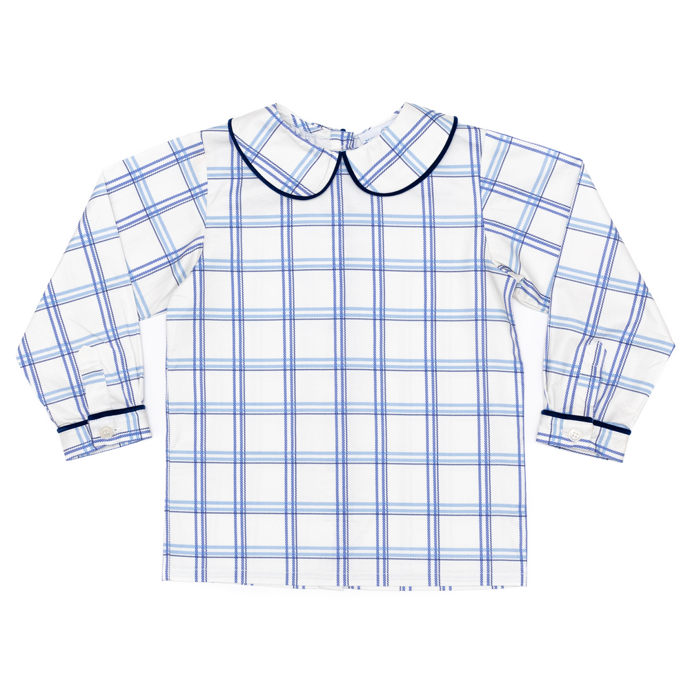 Henry Duvall Long Sleeve Henry Peter Pan Shirt in Prescott Plaid, classic boys fall shirt with Peter Pan collar and button-back, perfect for layering and coordinating sibling outfits