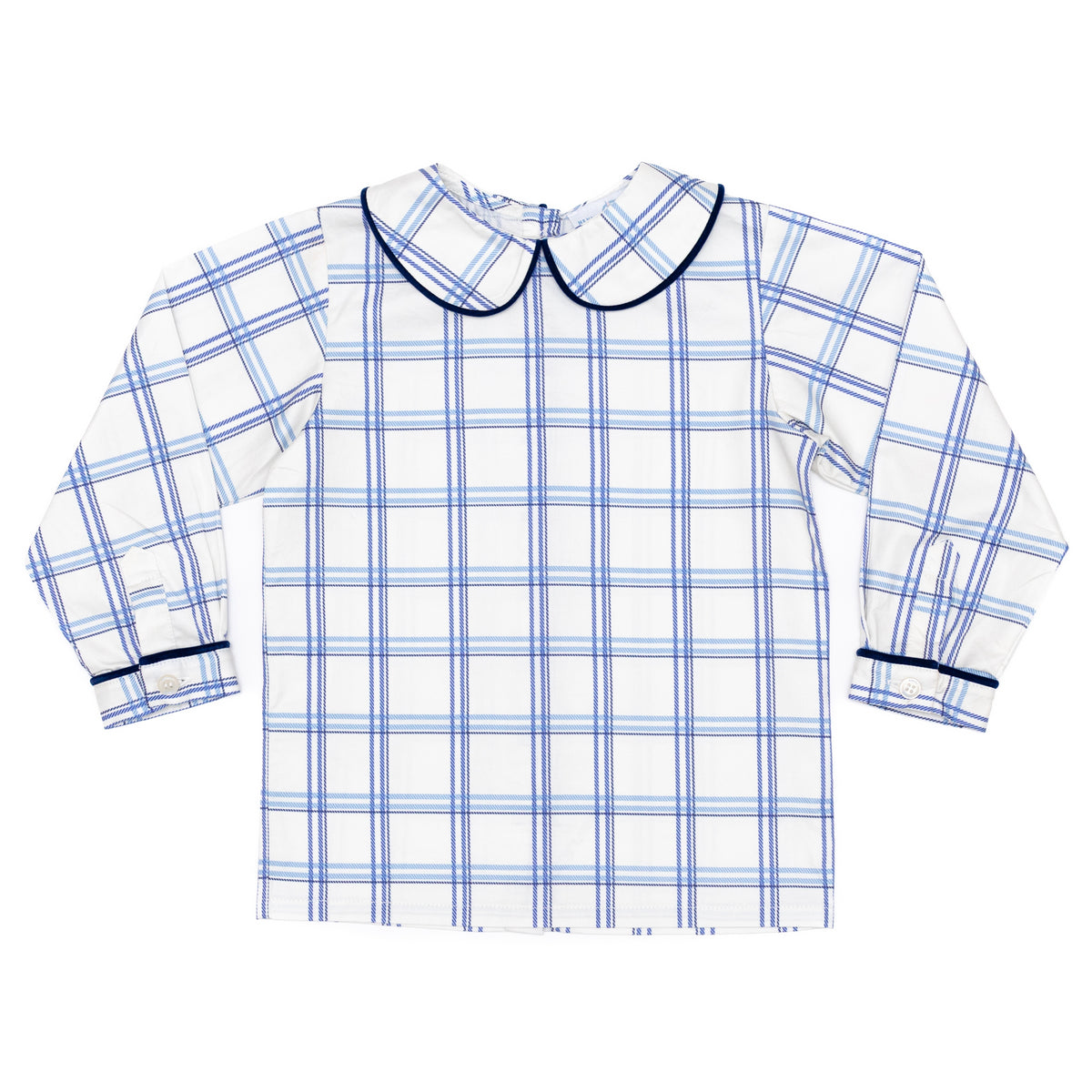 Henry Duvall Long Sleeve Henry Peter Pan Shirt in Prescott Plaid, classic boys fall shirt with Peter Pan collar and button-back, perfect for layering and coordinating sibling outfits