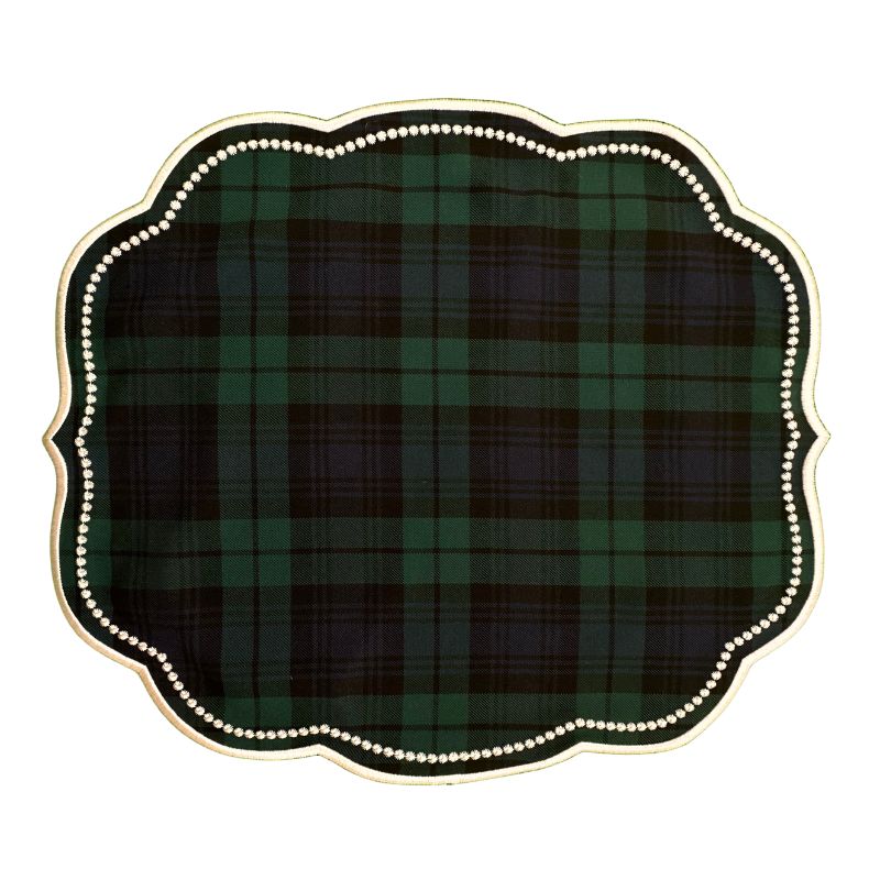 Black Watch Plaid luxury placemat with white silk embroidery.