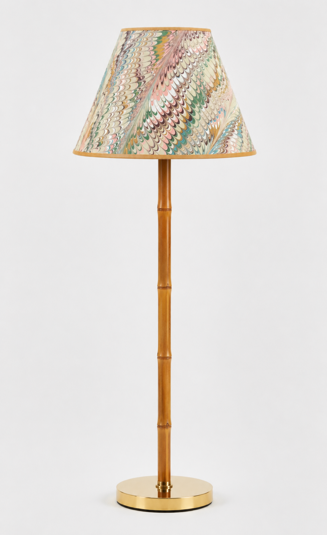 16" hand-marbled empire lamp with bamboo-style wooden base and brass foot