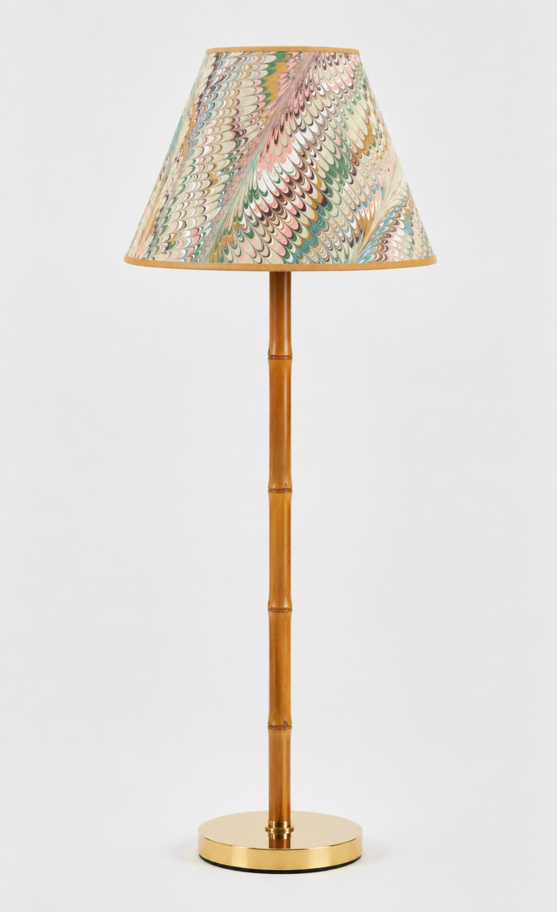 16" hand-marbled empire lamp with bamboo-style wooden base and brass foot