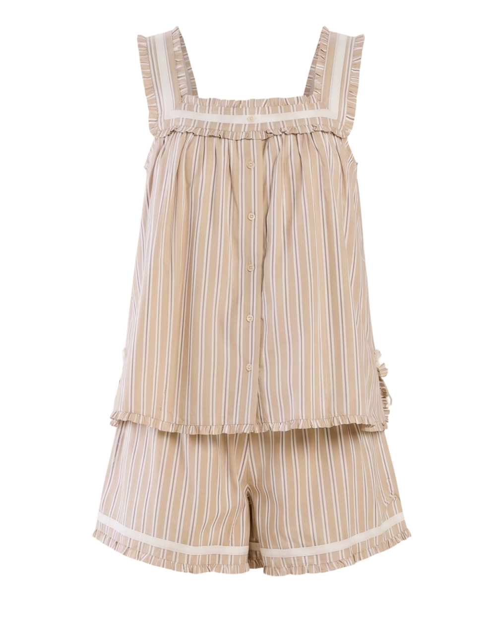 Front view of Caroline Short Set in Sand Stripe with button-front tank, ruffle trim, and matching shorts on white