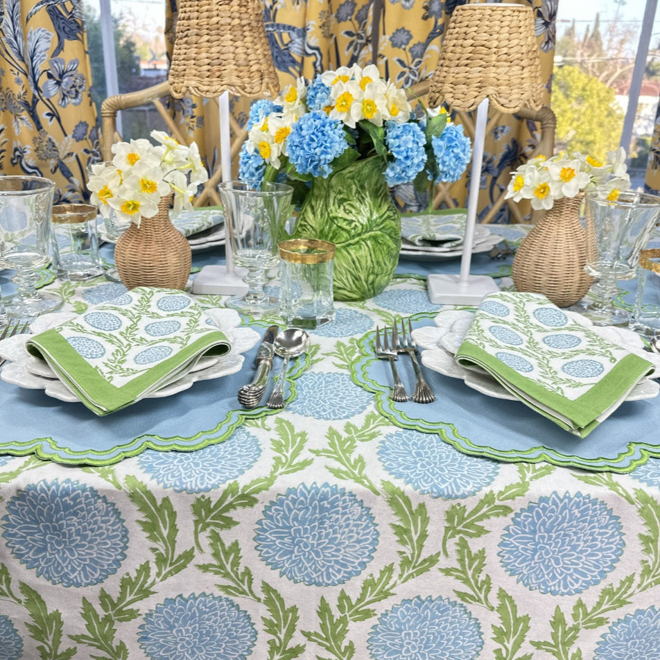 Blue and Green tablecloth, block print tablecloth, floral tablecloth