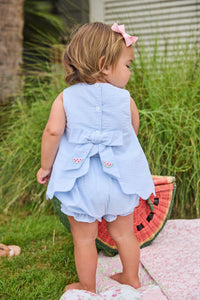 Little English traditional children's clothing.  Blue gingham set for baby girls with scallop bow back top with all-over watermelon embroidery and coordinating ruffled bloomer