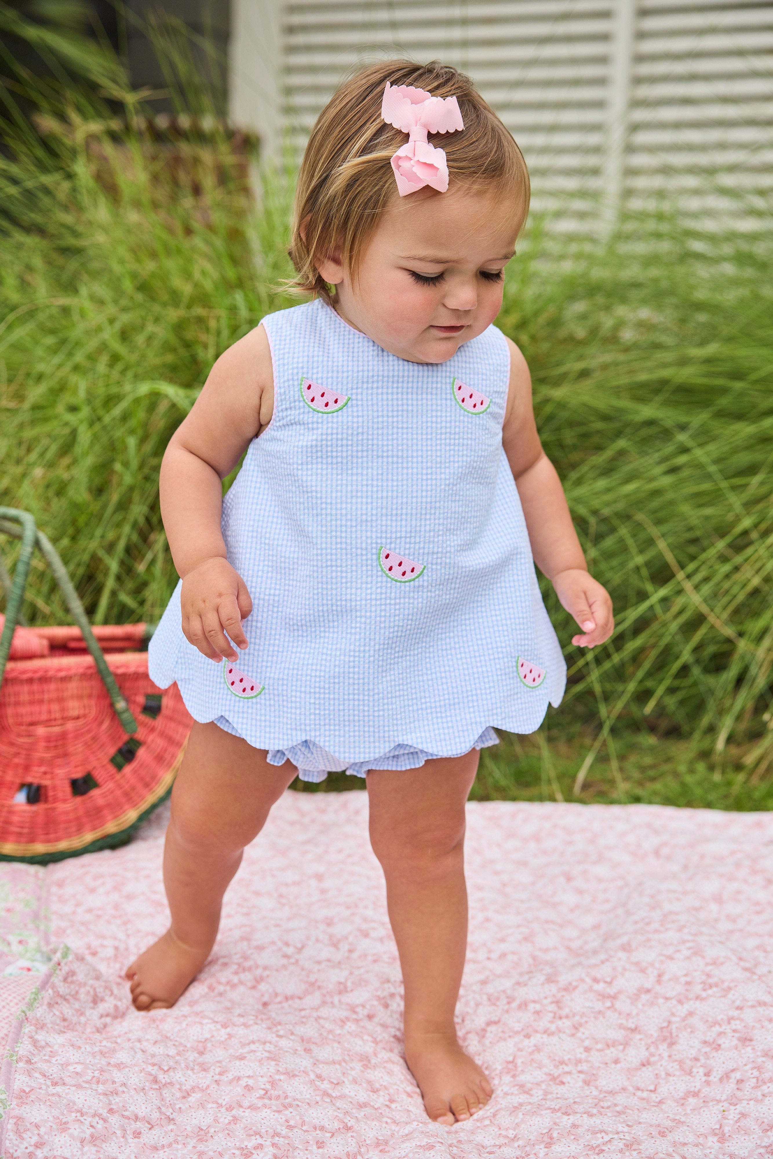Little English traditional children's clothing.  Blue gingham set for baby girls with scallop bow back top with all-over watermelon embroidery and coordinating ruffled bloomer